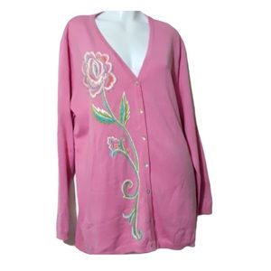 Bob Mackie Pink Floral Long Sleeves Knit Cardigan